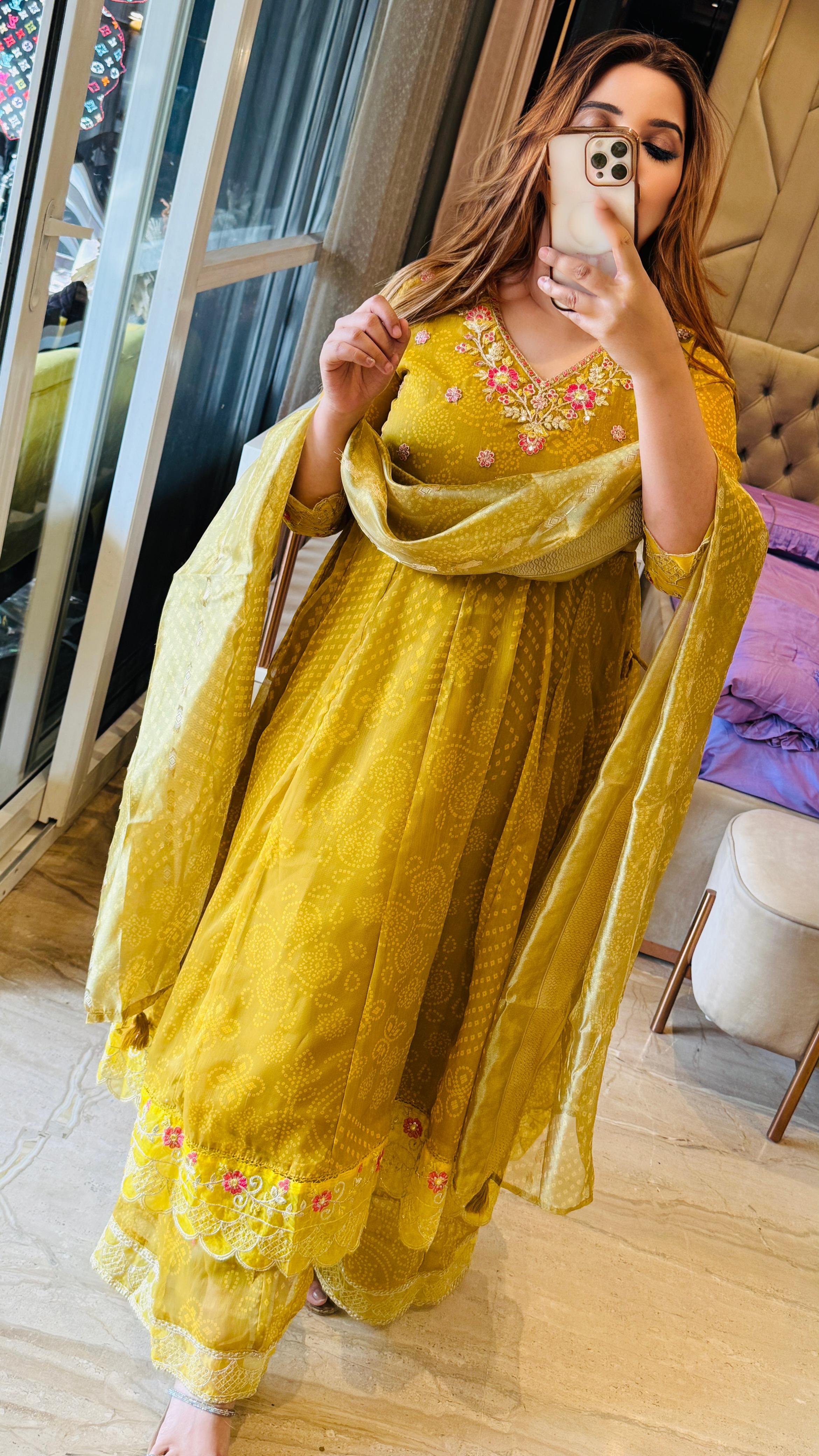 Bandhej Grace Anarkali Set- Yellow
